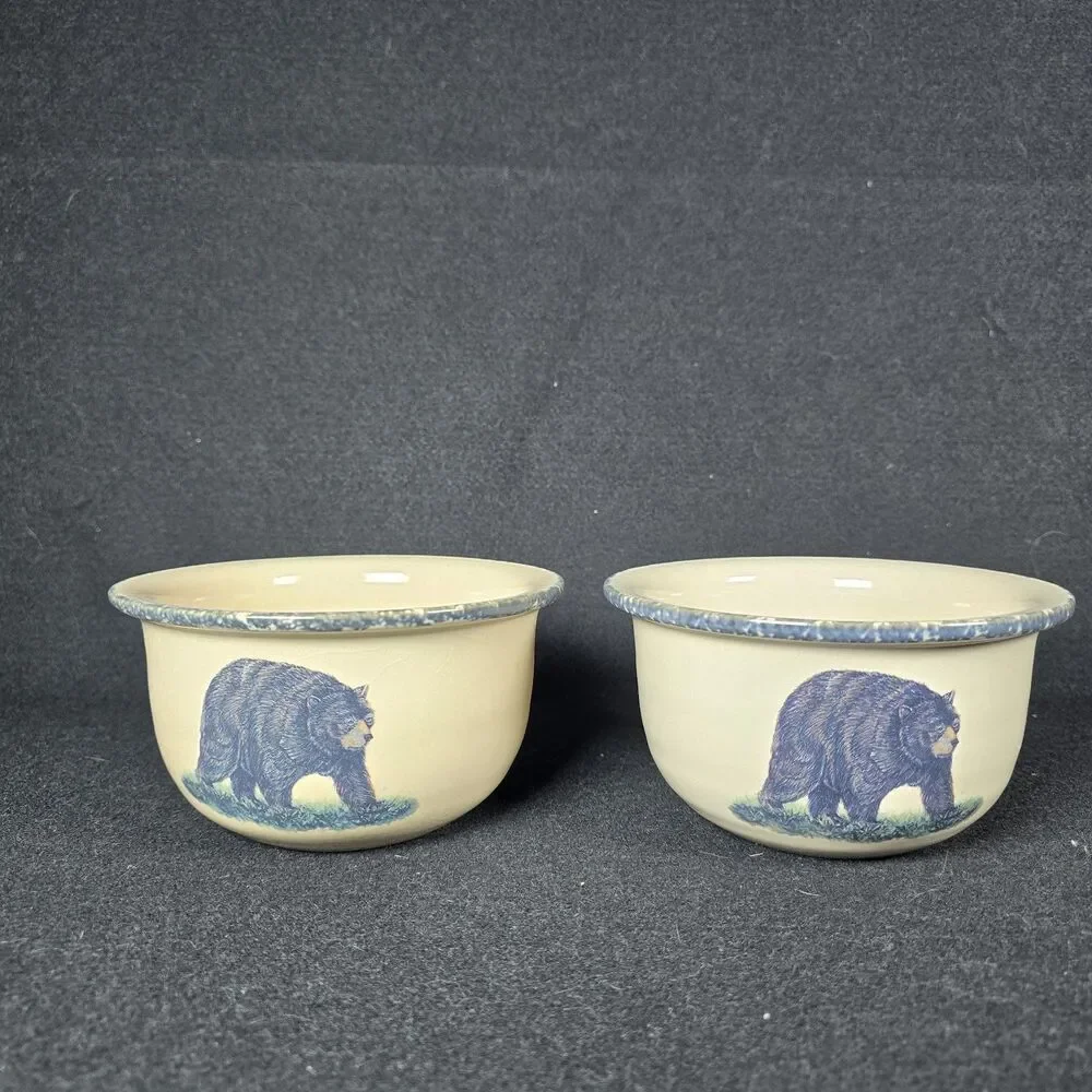 Home & Garden Party Ltd Stoneware Bowls Black Bear 2004 Made In USA Set of 2
